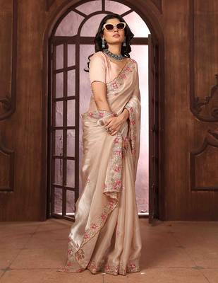 peach floral embroidered poly chiffon saree 3