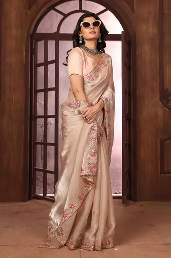 peach floral embroidered poly chiffon saree