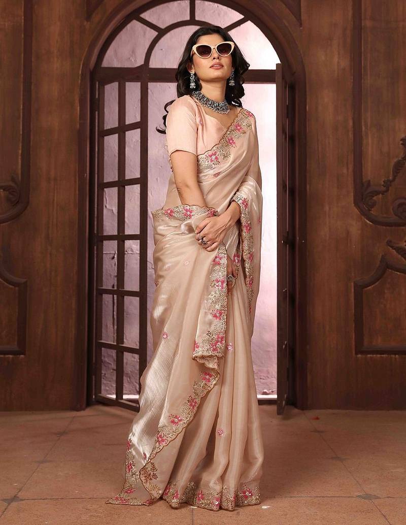peach floral embroidered poly chiffon saree