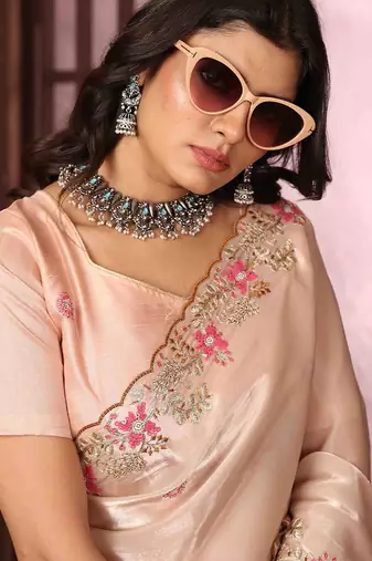 peach floral embroidered poly chiffon saree