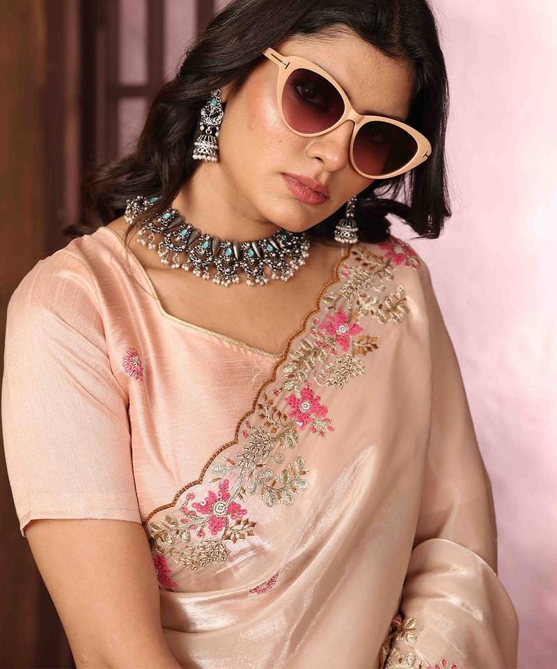 peach floral embroidered poly chiffon saree