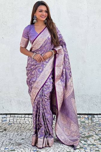 purple woven design zari banarasi saree