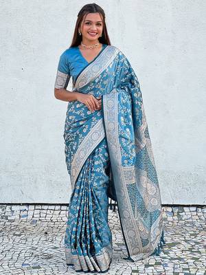 blue woven design zari banarasi saree 1