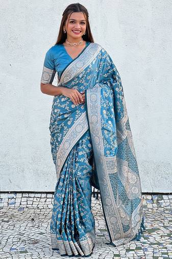 blue woven design zari banarasi saree