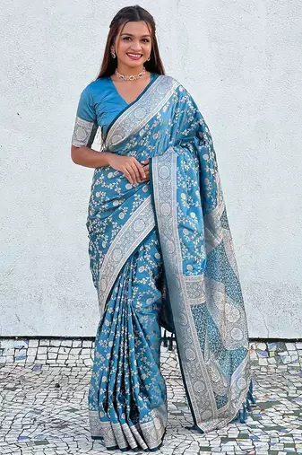 blue woven design zari banarasi saree