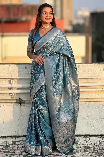 blue woven design zari banarasi saree