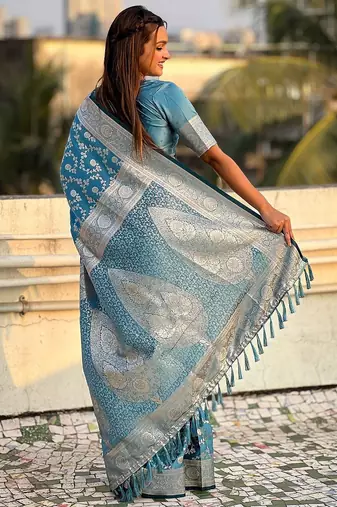 blue woven design zari banarasi saree