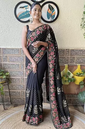 black embroidered saree with blouse piece