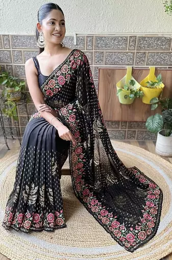 black embroidered saree with blouse piece