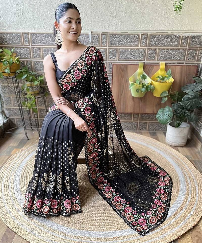 black embroidered saree with blouse piece