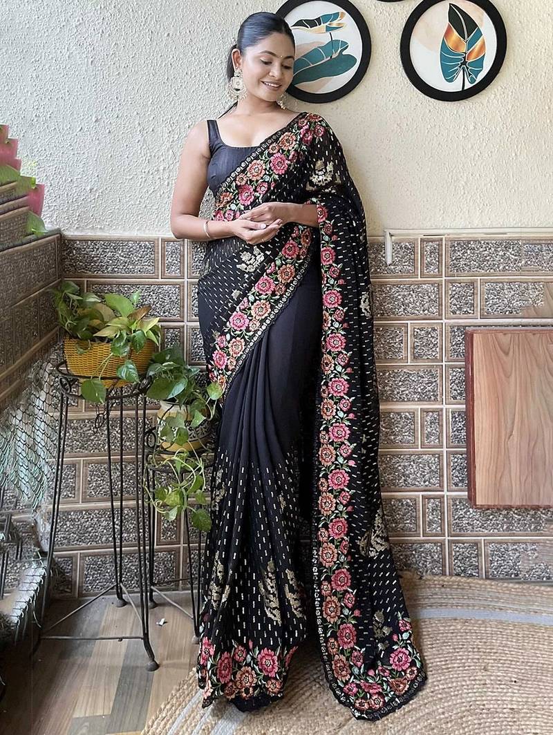 black embroidered saree with blouse piece