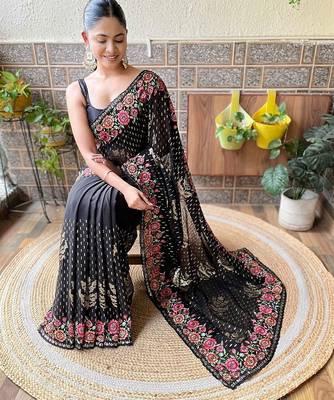 black embroidered saree with blouse piece 4