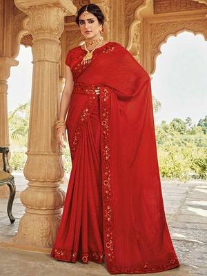 red red floral embellished embroidered satin saree 1