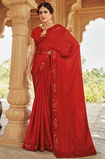 red red floral embellished embroidered satin saree
