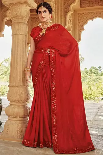 red red floral embellished embroidered satin saree