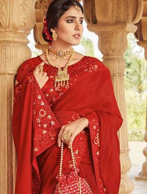 red red floral embellished embroidered satin saree 2