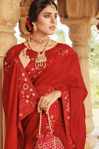 red red floral embellished embroidered satin saree