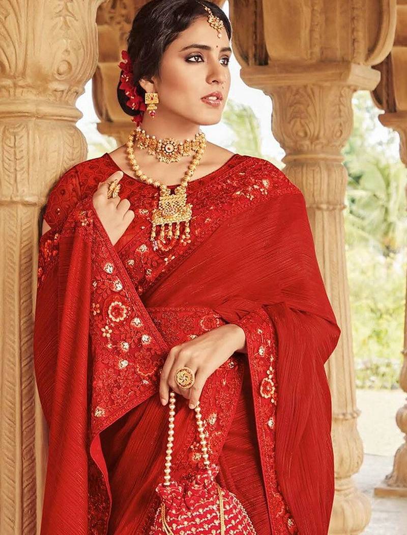 red red floral embellished embroidered satin saree