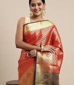red red & purple ethnic motifs zari silk blend saree