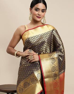 navy_blue navy blue & golden ethnic motifs zari silk blend kanjeevaram saree 1