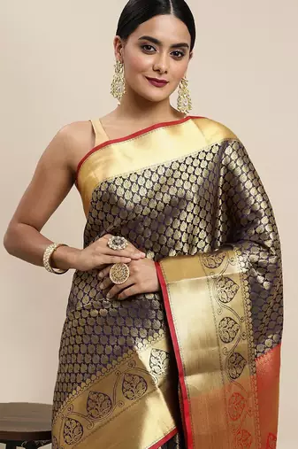 navy_blue navy blue & golden ethnic motifs zari silk blend kanjeevaram saree