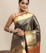 navy_blue navy blue & golden ethnic motifs zari silk blend kanjeevaram saree
