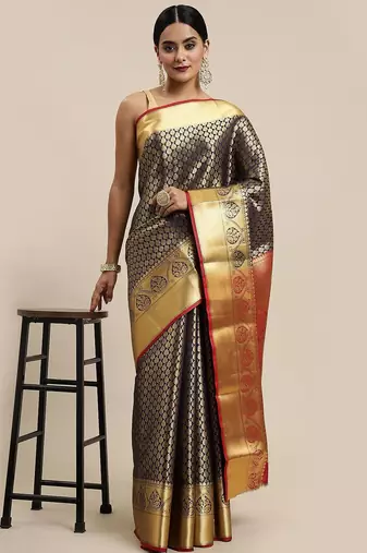 navy_blue navy blue & golden ethnic motifs zari silk blend kanjeevaram saree