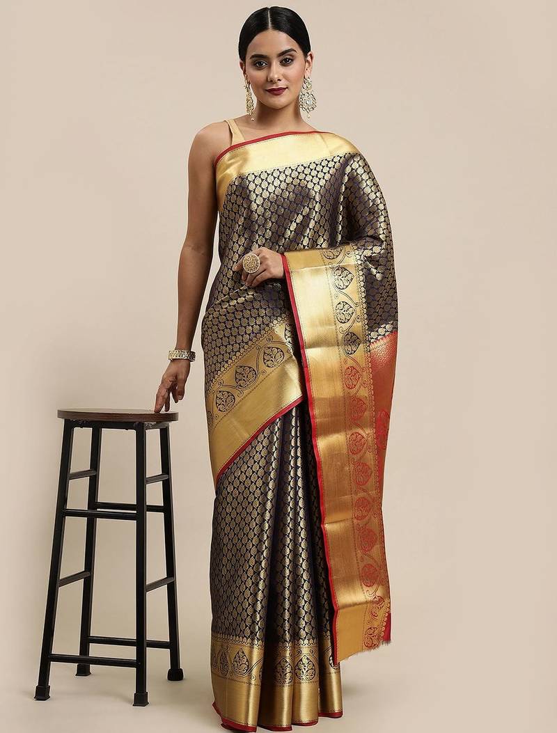 navy_blue navy blue & golden ethnic motifs zari silk blend kanjeevaram saree