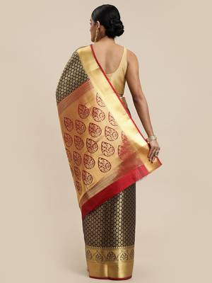 navy_blue navy blue & golden ethnic motifs zari silk blend kanjeevaram saree 3