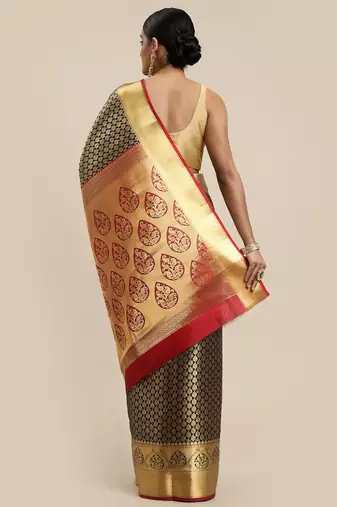 navy_blue navy blue & golden ethnic motifs zari silk blend kanjeevaram saree