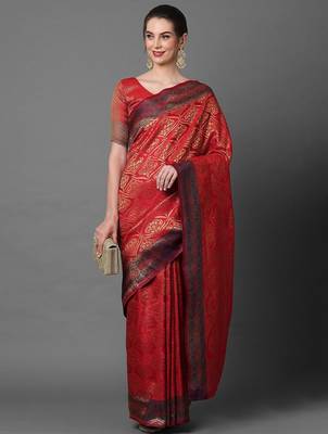 red red satin banarasi woven design saree 1