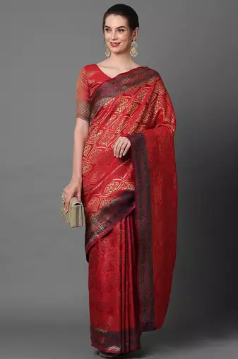 red red satin banarasi woven design saree