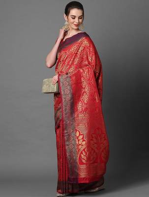 red red satin banarasi woven design saree 2