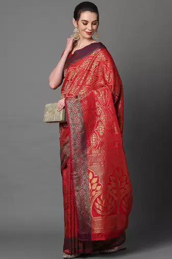 red red satin banarasi woven design saree