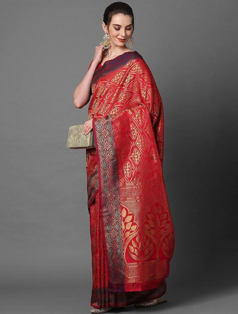 red red satin banarasi woven design saree