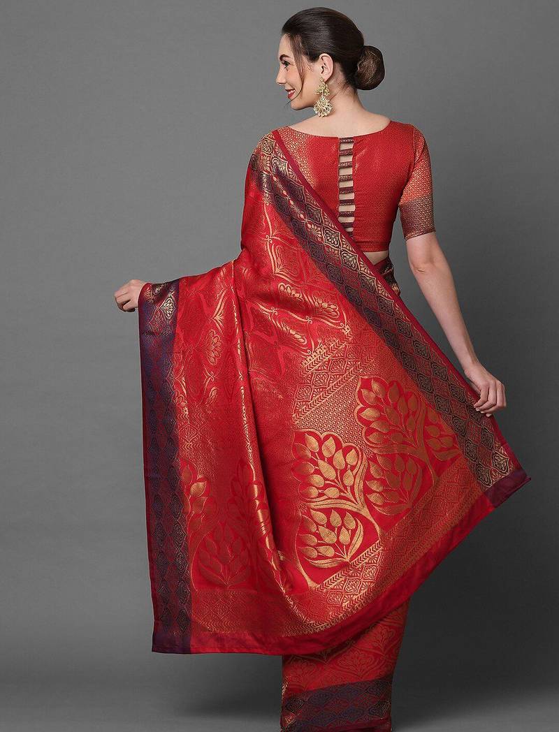 red red satin banarasi woven design saree