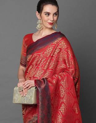 red red satin banarasi woven design saree 4