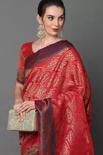 red red satin banarasi woven design saree