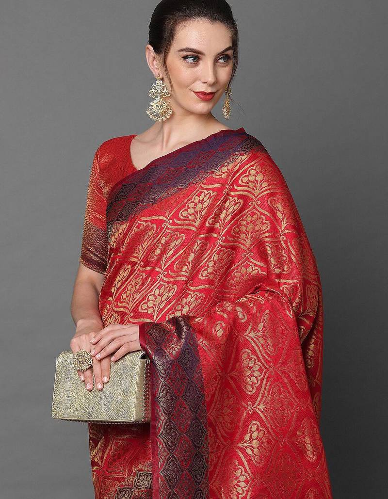 red red satin banarasi woven design saree