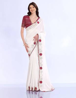 white embellished embroidered silk blend heavy work bandhani saree 1
