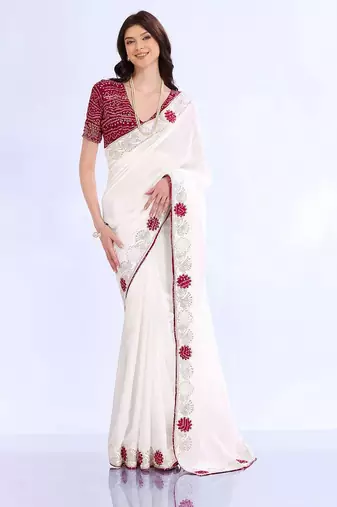 white embellished embroidered silk blend heavy work bandhani saree