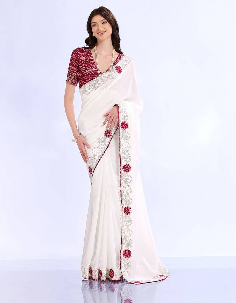 white embellished embroidered silk blend heavy work bandhani saree