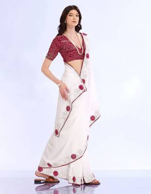 white embellished embroidered silk blend heavy work bandhani saree 2
