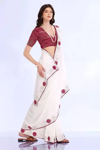 white embellished embroidered silk blend heavy work bandhani saree