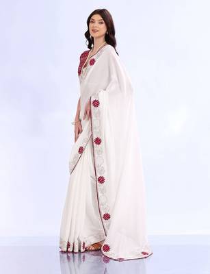 white embellished embroidered silk blend heavy work bandhani saree 3