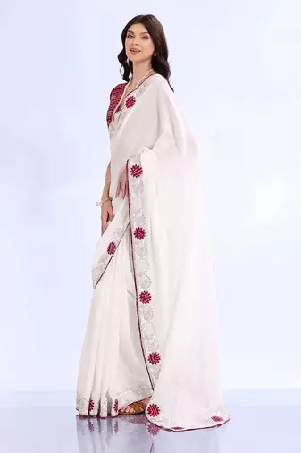 white embellished embroidered silk blend heavy work bandhani saree