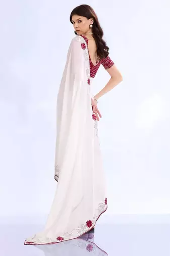 white embellished embroidered silk blend heavy work bandhani saree