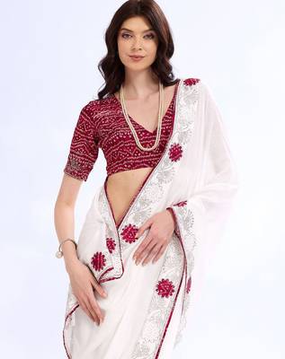 white embellished embroidered silk blend heavy work bandhani saree 5