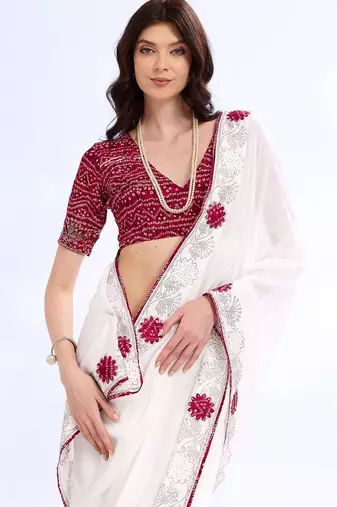 white embellished embroidered silk blend heavy work bandhani saree
