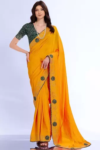 yellow ethnic motifs embroidered silk blend bandhani saree